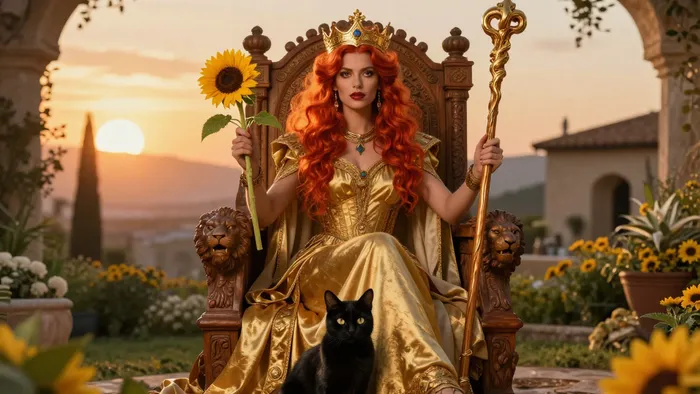 Аркан Королева Жезлов в образе статной женщины на троне с подсолнухом и черной кошкой в лучах заката