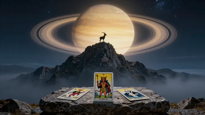 Символическое изображение знака Козерог с планетой Сатурн и картами Таро на фоне горного пика