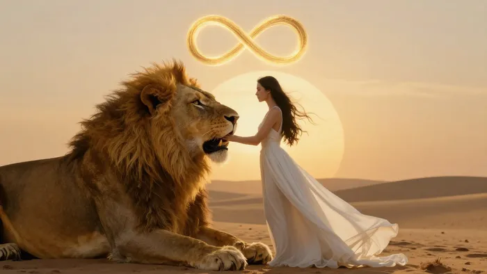 Женщина укрощает льва, символизируя Старший Аркан Сила и знак зодиака Лев в лучах заходящего солнца