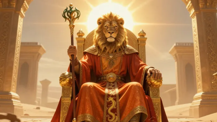 Король Жезлов в образе Льва, величественный правитель на троне с посохом, символизирующий солнечную энергию и власть.