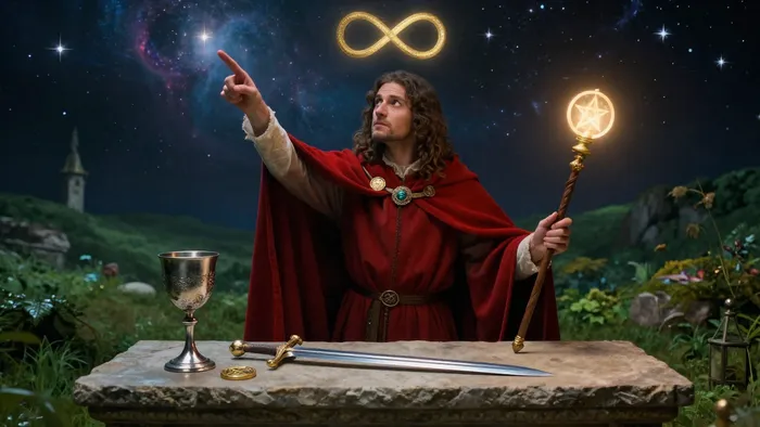 Архетип Мага в Таро: фигура в красной мантии у алтаря со стихиями меча, кубка, пентакля и жезла под символом бесконечности.