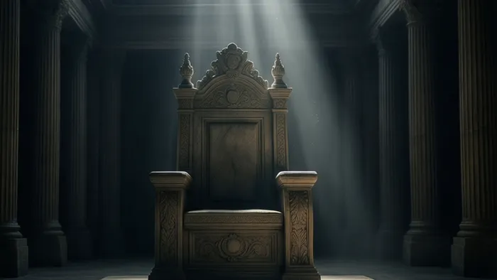 Пустой каменный трон в лучах света в огромном зале — символ архетипа Императора и внутреннего суверенитета.