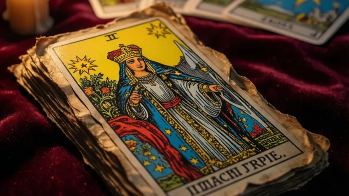 Крупный план одной карты Таро, лежащей на темно-бархатной ткани при свечах. Детализация старой бумаги и золотого тиснения.