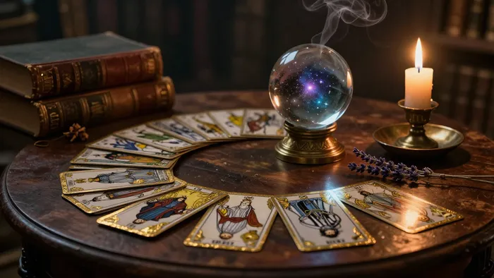 Расклад карт Таро с золотым тиснением на старинном деревянном столе при свете свечи в эзотерическом стиле.