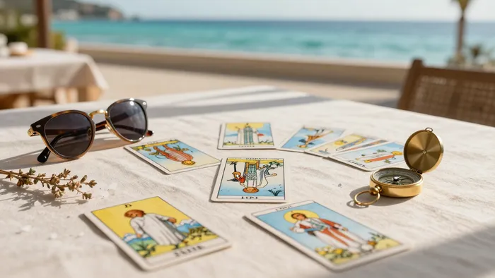 Расклад Таро на отдых с картами, компасом и солнечными очками на фоне моря, символизирующий осознанное планирование отпуска.
