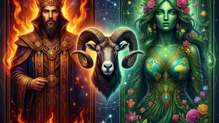 Символический коллаж: карта Таро Император из огня и символов Марса слева переходит в карту Императрица из земли и цветов справа. В центре — силуэт головы Овна, соединяющий обе стороны. На фоне — астрологические созвездия.