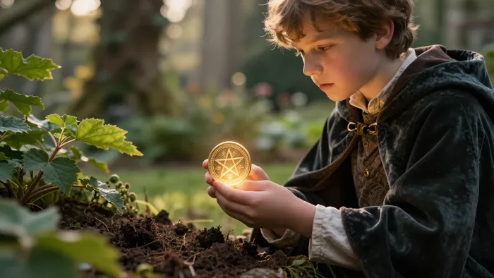 Иллюстрация к статье: Паж Пентаклей: Как заземлить интуицию и прочитать знаки реальности в практике карты дня