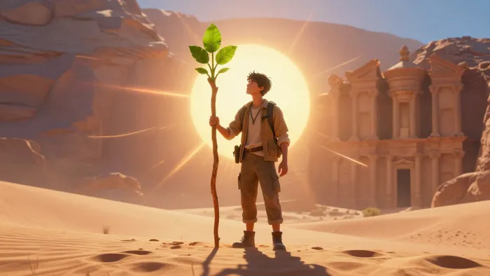 Аркан Таро Паж Жезлов: молодой исследователь с прорастающим посохом на фоне солнечной пустыни, символизирующий новые идеи и энтузиазм.