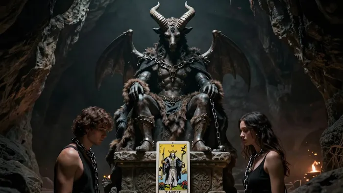 Аркан Дьявол в Таро: величественная фигура на пьедестале и люди с цепями в мистической атмосфере