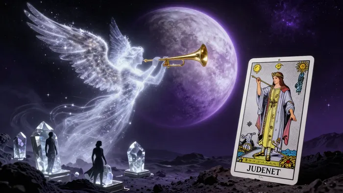 Эзотерическая иллюстрация связи Аркана Суд и планеты Плутон: космическое возрождение души на фоне далекой планеты