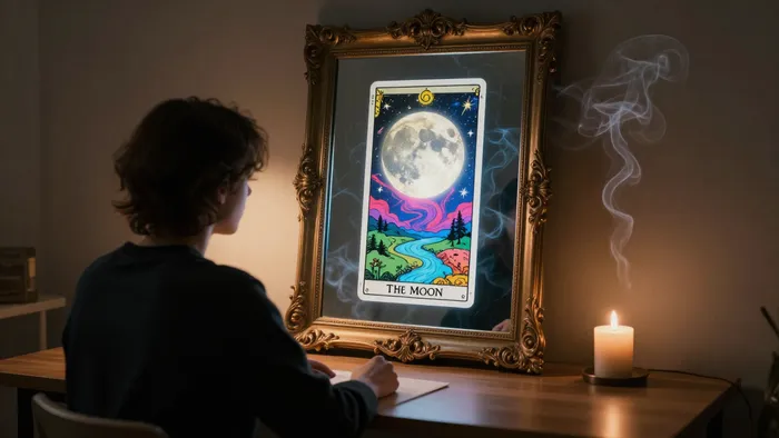 Психологическая проекция через карту Таро в зеркале, символизирующая самопознание и работу с бессознательным