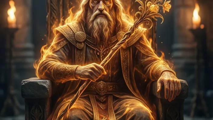 Архетип Короля Жезлов из колоды Таро, оживающий в виде энергии контролируемого огня и творческой воли на троне.