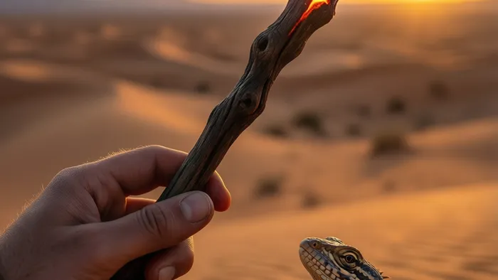 Символическое изображение жезла с тлеющей искрой на фоне пустыни на закате — метафора энергии карты Паж Жезлов в Таро.