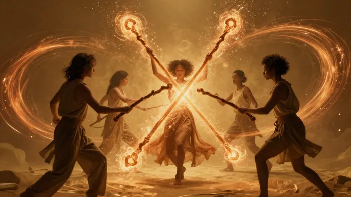 Пять человек со скрещенными жезлами в золотом сиянии, символизирующие энергию Пятерки Жезлов