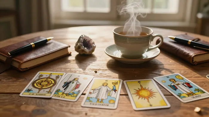 Расклад Таро на удачу сегодня с картами Колесо Фортуны и Солнце на деревянном столе в утреннем свете