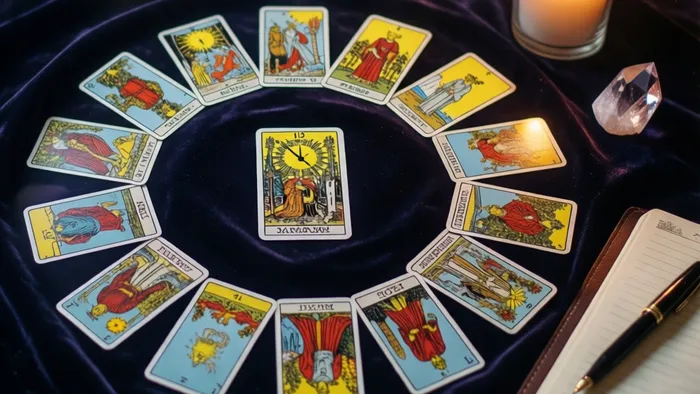 Круглый расклад карт Таро на день рождения (Колесо Года) из 12 карт по кругу и одной в центре на темном бархате. Ритуальные предметы: свеча, кристалл, книга.