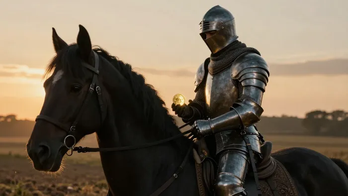 Рыцарь Пентаклей в темных доспехах на черном коне держит золотую монету на фоне вспаханного поля на закате