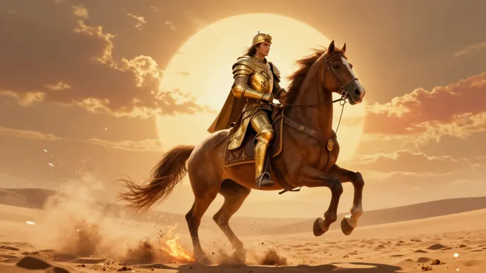 Карта Таро Рыцарь Жезлов: всадник в золотых доспехах на рыжем коне в пустыне символизирует активное действие и энергию огня.