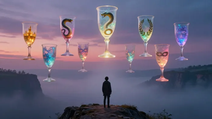 Иллюстрация к статье: Семерка Кубков в отношениях: когда любовь становится зеркальным лабиринтом