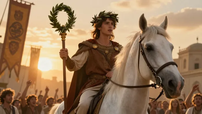 Карта Таро Шестерка Жезлов: всадник-победитель на белом коне с лавровым венком на посохе среди ликующей толпы.