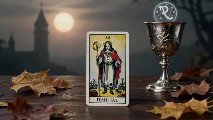 Мистическая карта Таро Смерть на фоне осенних листьев и символа Скорпиона, отражающая энергию ноября и трансформации.