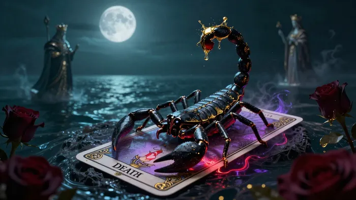 Эзотерическая иллюстрация связи знака Скорпион с арканом Смерть в Таро, символизирующая трансформацию и глубину чувств в любви.