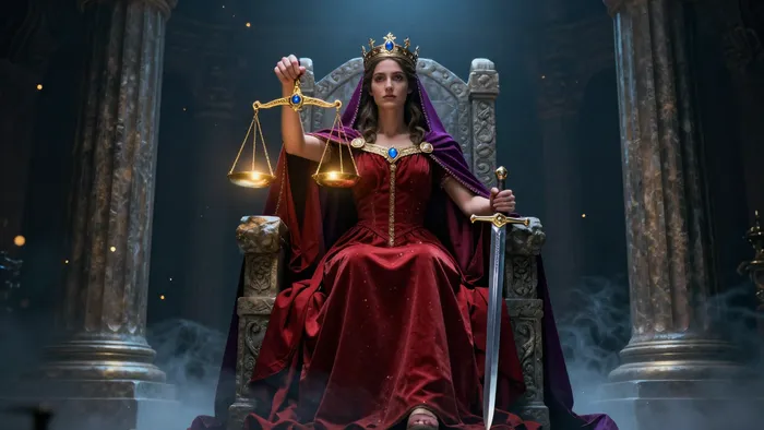 Аркан Справедливость в Таро: женщина на троне с весами и мечом, символизирующая баланс и истину в отношениях.