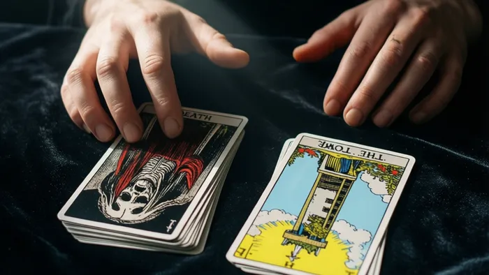 Руки таролога над картами Смерть и Башня на бархатной ткани. Драматичный свет и тень символизируют работу со страхом.