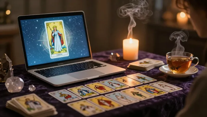 Рабочее место профессионального таролога с ноутбуком и картами Таро в мистической атмосфере