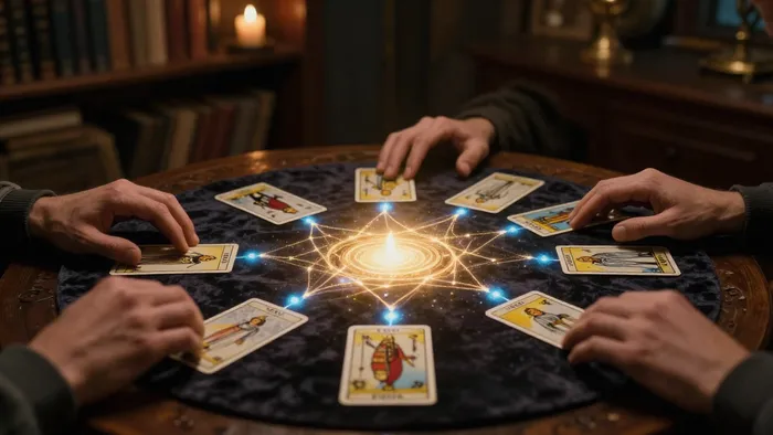 Расклад Таро на общие интересы на старинном столе с мистическим свечением и энергетическими нитями между картами.