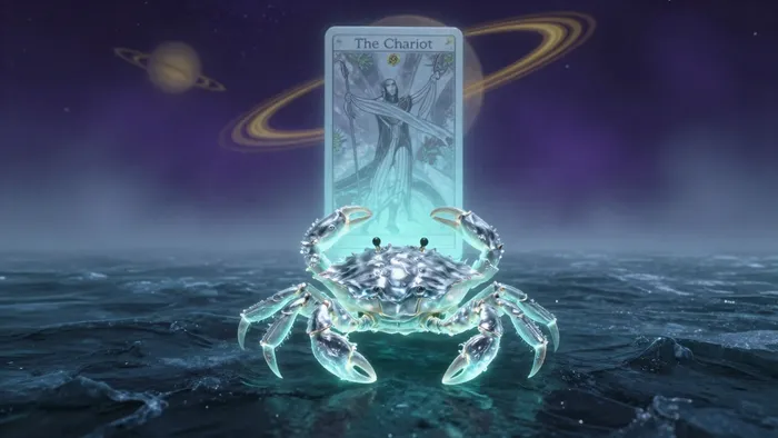 Мистическое изображение знака зодиака Рак и карты Таро Колесница на фоне зимнего океана и планеты Сатурн.