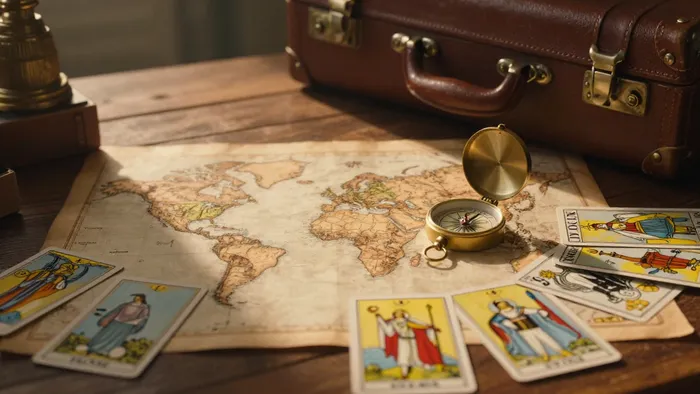 Карты Таро Колесница и Мир на фоне старой карты мира и чемодана, символизирующие переезд за границу