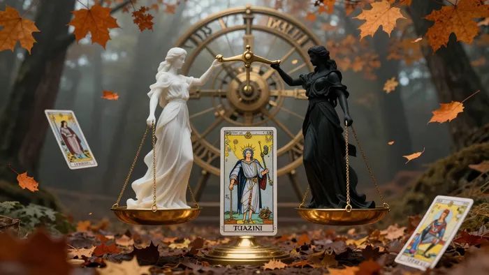 Эзотерическая иллюстрация для Близнецов на октябрь: весы правосудия, осенние листья и символика карт Таро Влюбленные и Справедливость.