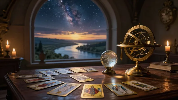 Расклад Таро на перспективу жизни на фоне окна с видом на звездный горизонт и реку судьбы
