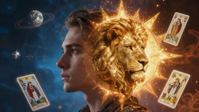 Эзотерическая иллюстрация для знака Близнецы: соединение энергии Солнца, Меркурия и карт Таро Влюбленные в космическом пространстве.