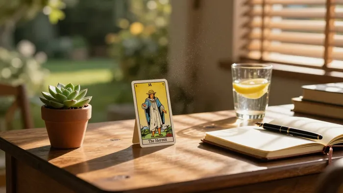 Карта Таро Отшельник на деревянном столе в лучах июльского солнца, символизирующая прогноз для Девы
