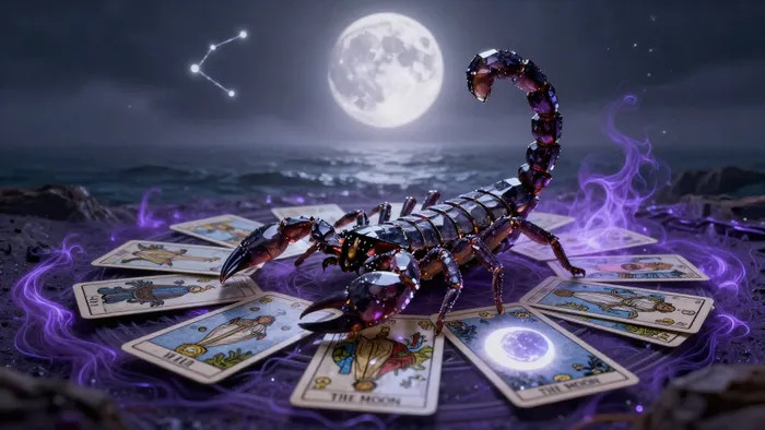 Эзотерическая композиция с картами Таро, символом Скорпиона и полной луной над мистическим океаном, символизирующая прогноз на март.