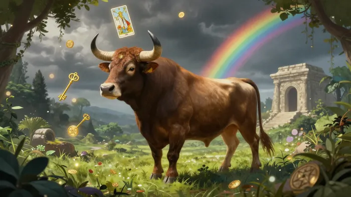 Магический Телец в саду среди парящих золотых карт Таро, символизирующий стабильность и процветание в 2026 году.