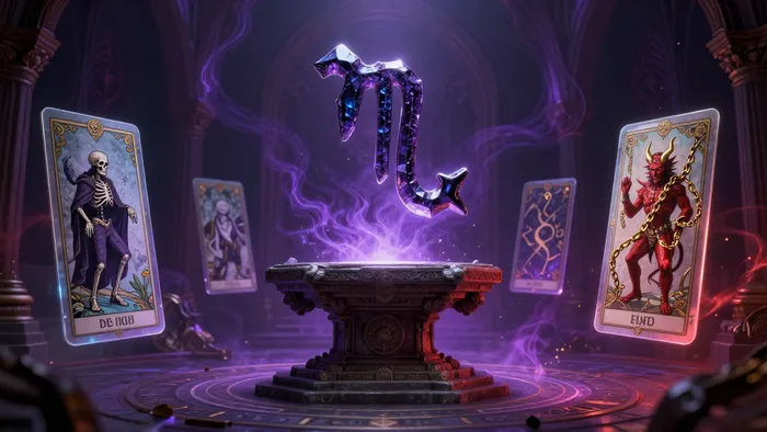 Мистическая композиция, символизирующая 8 дом гороскопа: знаки Скорпиона, Плутона и арканы Таро Смерть и Дьявол в темном интерьере.