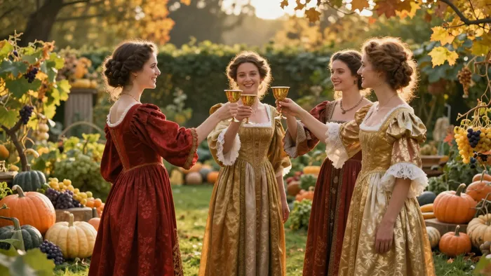 Три женщины в нарядных платьях празднуют сбор урожая в саду, поднимая золотые кубки в лучах заходящего солнца.