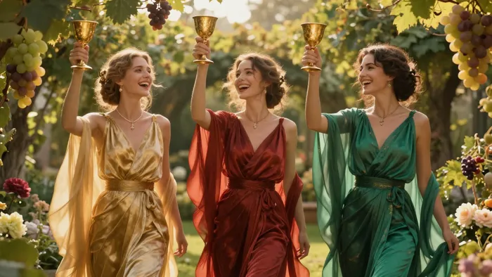 Карта Таро Тройка Кубков: три женщины празднуют в саду с золотыми чашами, символизируя радость и изобилие в отношениях