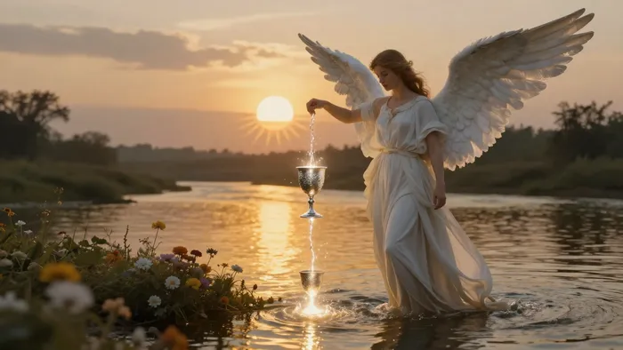 Аркан Умеренность в Таро: ангел переливает световую энергию между кубками на фоне золотого пути и заката, символизируя финансовое равновесие.