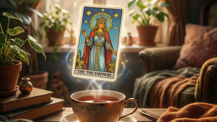 Уютная гостиная в теплом свете с парящей картой Таро (Звезда или Императрица) над столом, создающая атмосферу гармонии и магии пространства.