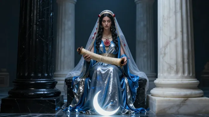 Аркан Верховная Жрица Таро, сидящая между черной и белой колоннами в лунном свете