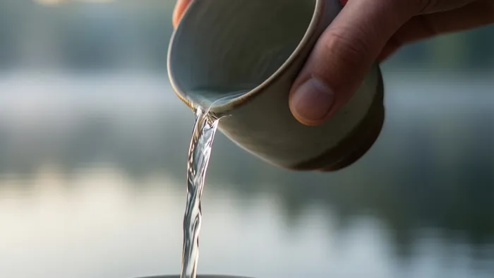 Метафорическое изображение процесса переливания воды из одного сосуда в другой, символизирующее аркан Умеренность и гармонию.