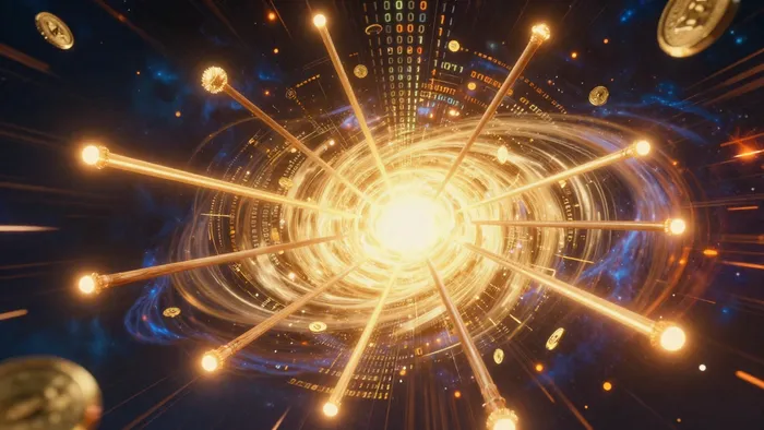 Символическое изображение Восьмерки Жезлов в Таро: летящие жезлы в золотом потоке энергии и денег, символизирующие скорость и финансовый успех.