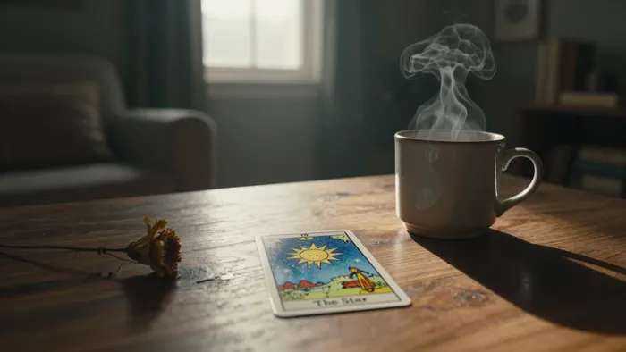 Карта Таро Звезда на деревянном столе в лучах утреннего света, символизирующая надежду и выход из депрессии
