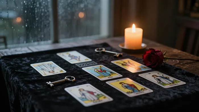 Расклад карт Таро на любовь на деревянном столе при свечах с розой и антикварным ключом