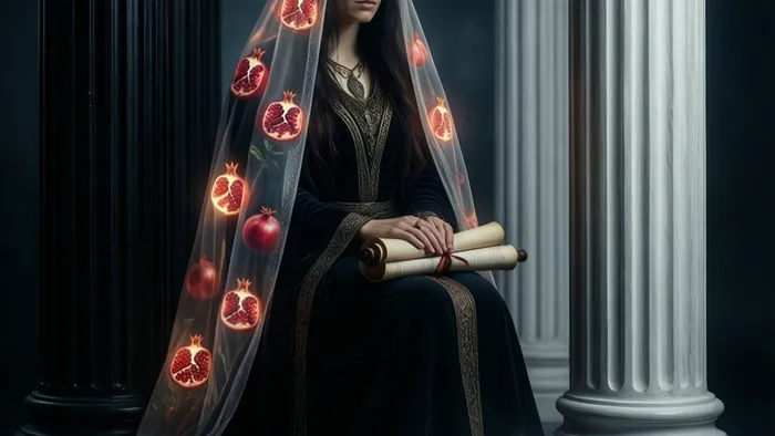 Аркан Жрица (Папесса) из колоды Таро Райдера-Уэйта: женщина в синих и белых одеждах сидит между черной и белой колонной, держа свиток. На заднем плане — узорчатая завеса с гранатами, у ног — полумесяц.